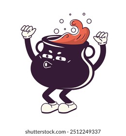 Cartoon vintage abstract halloween character funny bowler hat. Retro trendy comic mascot of whistling kettle  bowler hat with legs and hands in gloves.
