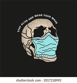 Cartoon, Vintage, Aesthetic, Minimalist Skull Wearing MedicalI Mask Graphic T-shirt, Poster Vector Illustration