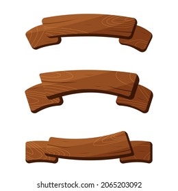 Cartoon Vintage Brown Wooden Blank Banners Set. Timber Old Frame Ribbons. Wood Texture Signboard and Guidepost, Western. Wooden Panel Signpost. Isolated Vector Illustration.