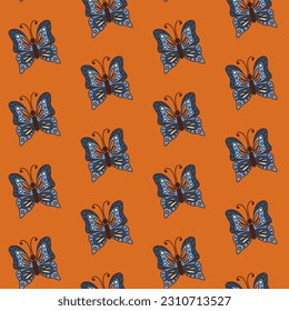 Cartoon vintage butterflies seamless pattern. Vector outline cartoon butterflies on red brick color. Can be sed for fabric, wallpaper, wrapping paper, background, interior decor, kids textile