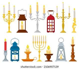 Cartoon vintage candlesticks, lamps, candle holders and candelabra. Retro candlesticks, medieval decorative hand lanterns vector illustration set. Ancient candle holders and candelabra collection