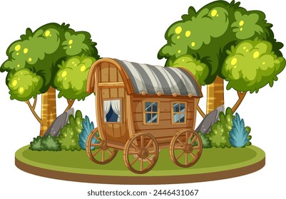 Cartoon of a vintage caravan among lush trees