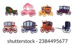 Cartoon vintage carriages. Carriage cargo wagon or royal luxury coaches, ancient cart horse victorian king chariot magic fairytale coach for princess, ingenious vector illustration