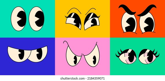 Caricatura de personajes vintage de los ojos cómicos emociones aisladas en fondos de colores brillantes. Ilustración del vector