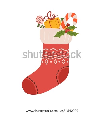 Cartoon vintage Christmas stocking vector illustration. Xmas socks with a gifts. Winter holiday decoration