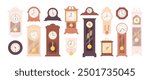 Cartoon vintage clocks. Old style clock with pendulum, decorative interior wooden accessories antique design. Flat watches racy vector set