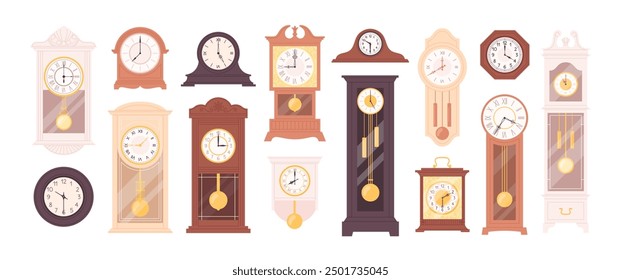 Cartoon vintage clocks. Old style clock with pendulum, decorative interior wooden accessories antique design. Flat watches racy vector set