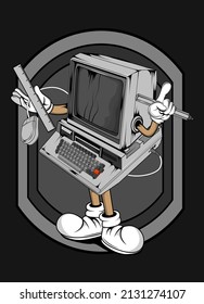 cartoon vintage computer t  shirt design illustration