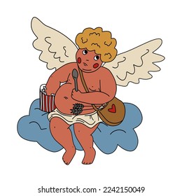 Cartoon vintage Cupid anti-Valentine's Day. Vector hand drawn illustration of lazy Cherub.