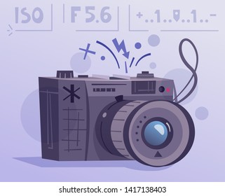 Cartoon vintage film camera. Flat vector illustration. Photo for travel. Photography concept. For web and print. Photographer equipment