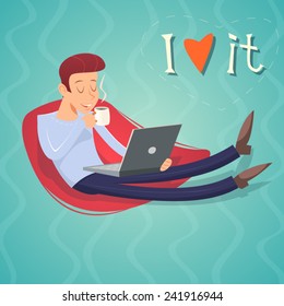 Cartoon Vintage Geek Symbol. Man with Laptop Drinks Coffee Tea Icon on Stylish Background Retro Design Vector Illustration