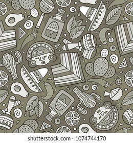 Cartoon vintage hand-drawn latin american, mexican seamless pattern. Lots of symbols, objects and elements. Perfect funny vector background.