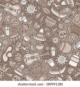 Cartoon vintage hand-drawn latin american, mexican seamless pattern. Lots of symbols, objects and elements. Perfect funny vector background.