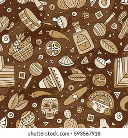Cartoon vintage hand-drawn latin american, mexican seamless pattern. Lots of symbols, objects and elements. Perfect funny vector background.