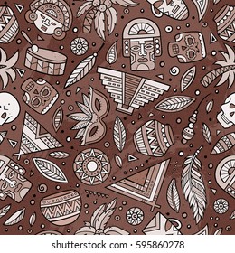 Cartoon vintage hand-drawn latin american, mexican seamless pattern. Lots of symbols, objects and elements. Perfect funny vector background.