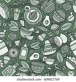 Cartoon vintage hand-drawn latin american, mexican seamless pattern. Lots of symbols, objects and elements. Perfect funny vector background.