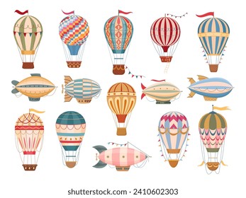 Cartoon vintage hot air balloons. Flying dirigibles and retro air hot air balloons decorated with flags and garlands flat vector illustration set. Cute air transport collection
