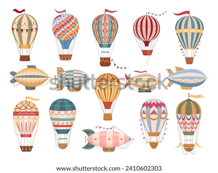 Cartoon vintage hot air balloons. Flying dirigibles and retro air hot air balloons decorated with flags and garlands flat vector illustration set. Cute air transport collection