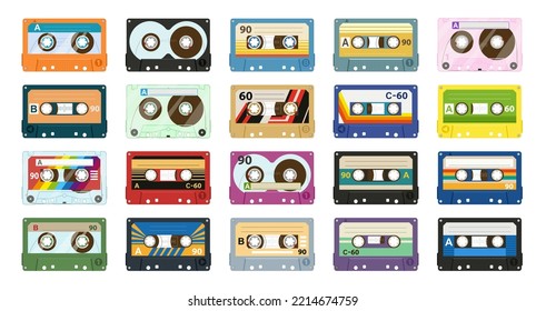 Cartoon Vintage Music Tape, Retro Style Cassettes. Stereo Mix, Analogue Player Old Tape, 80s Tape Record Flat Vector Symbols Illustration Collection. Audio 90s Music Cassette Set