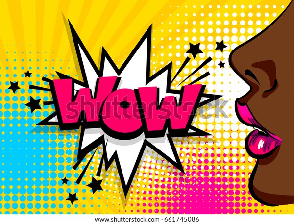 漫画のビンテージポスター 黒いアフリカ系アメリカ人のポップアートの女の子がスピーチバブルを話すwowベクターフォントイラスト セール広告バナーオープンセクシーな唇ワンダーポップアートの女性スタイル のベクター画像素材 ロイヤリティフリー 661745086