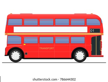 Cartoon vintage red double decker bus. Side view. Vector.