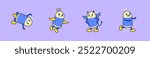 Cartoon vintage retro eraser character with pose and expression acrobatic, angel, devil, escape