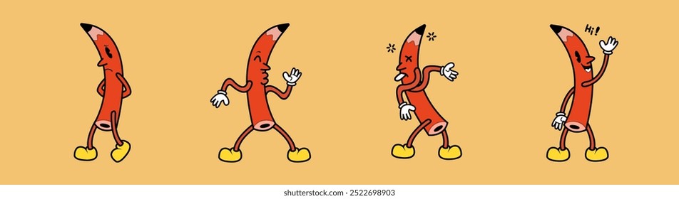 Cartoon vintage retro pencil character with pose and expression sad, cheerful, lose, greeting
