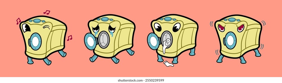 Cartoon vintage retro washing machine character with pose and expression dancing, crying, done, angry