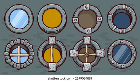 Cartoon vintage round stone different windows with glass and wooden sticks in a frame. Facade elements for house exterior. Vector icons set on white background.