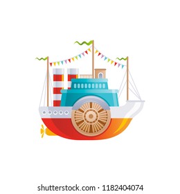 Cartoon vintage ship with wheel icon. Old retro river boat for logo, sea travel, cruise and water transport design. Flat vector illustration isolated on white background. 