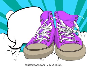 Cartoon vintage Sneakers with blank speech bubble, comic book Trainers Shoe background. Retro vector comics pop art design.