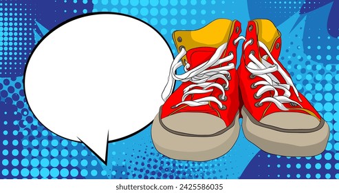 Zapatillas vintage de dibujos animados con burbuja de habla en blanco, libro de historietas Entrenadores Zapatos de fondo. Diseño de arte pop vectorial retro.