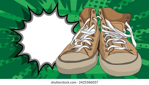 Zapatillas vintage de dibujos animados con burbuja de habla en blanco, libro de historietas Entrenadores Zapatos de fondo. Diseño de arte pop vectorial retro.