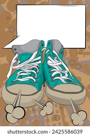 Cartoon vintage Sneakers with blank speech bubble, comic book Trainers Shoe background. Retro vector comics pop art design.