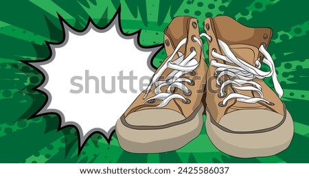 Cartoon vintage Sneakers with blank speech bubble, comic book Trainers Shoe background. Retro vector comics pop art design.
