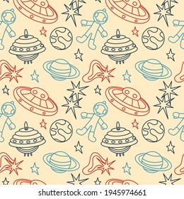 Cartoon Vintage space seamless pattern. Spaceships, astronauts, and planets. Wallpaper background, backdrop