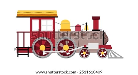 Cartoon vintage steam locomotive on white background. Children's train toy in flat style. Children's railway transport illustration for fabric design, wallpaper, greeting cards, etc.