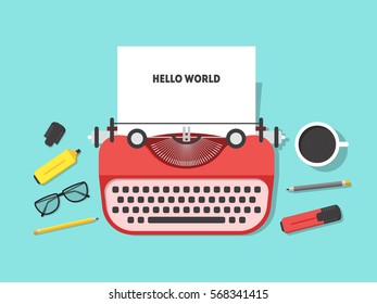 Cartoon Vintage Typewriter and Element Set. Workplace Creative Concept Flat Design Style. Vector illustration