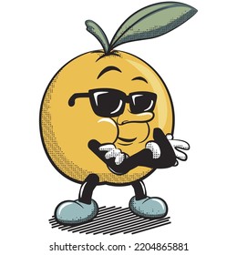 cartoon vintage vector illustration of cool styled orange fruit character with sunglasses