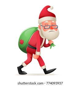 Cartoon Vintage Walk Tired Sad Weary Santa Claus Heavy Gift Bag Character Retro Icon Christmas Design Vector Illustration