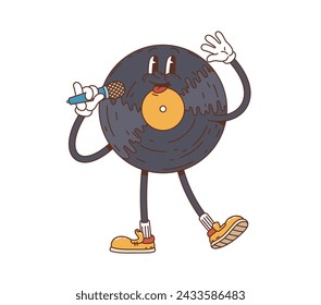 Cartoon vinyl disc groovy character sings passionately into a microphone, embodying the soulful vibe of classic music. Isolated vector retro record colorful, vintage, hippie style musical personage