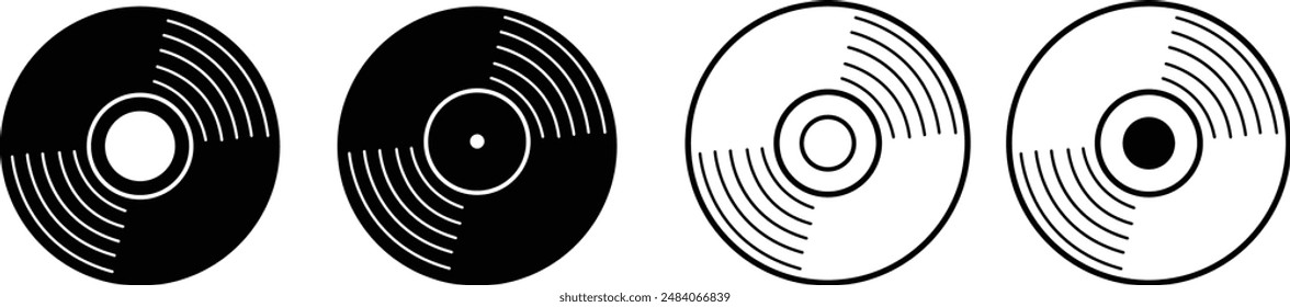 Cartoon vinyl or lp icon set symbol dj symbol. retro vinyl record album. Old music plate doodle. Phonograph, audio disk for turntable. Music player, analog music recording. Gramophone label and badge.