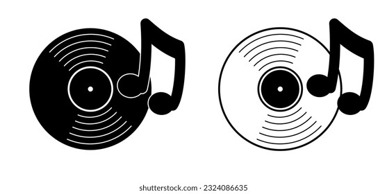 Cartoon vinyl or lp icon symbol. dj symbol. retro vinyl record album. Old music plate doodle. Phonograph, audio disk for turntable. Music player, analog music recording. Gramophone label and badge.