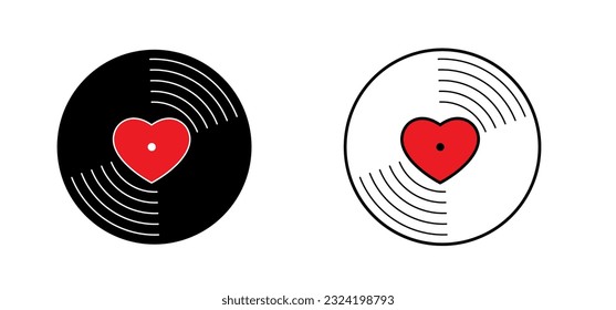 Cartoon vinyl or lp icon symbol. dj symbol. retro vinyl record album. Music plate withe love, heart. Phonograph, turntable. Music player, music recording. Gramophone label and badge. Romantic songs