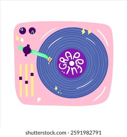 Cartoon vinyl music record player top view. Cute pink dj music player with purple vinyl record. Hand drawn flat vector illustration isolated on a white background.