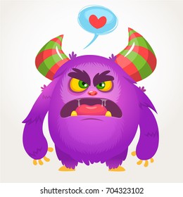 Cartoon violet angry monster in love. St Valentines vector illustration of  loving monster 