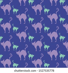 Cartoon violet cat drawing on blue background pattern, flat illustration. Design for fabric, wapping paper. Vector Eps. 8