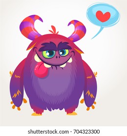 Monstruo violeta de caricatura genial enamorado. Imagen vectorial de San Valentín del monstruo amoroso 