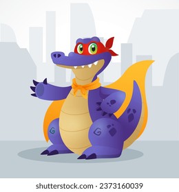 Cartoon violet crocodile superhero in big yellow cloak. Vector character in spy mask for game. children book, education, web or advertisign