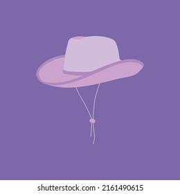 Cartoon сowgirl Violet Hat With With Strings. Party Hat. Wild West Fashion Style. Cowboy Western Theme, Wild West Concept. Horse Ranch. Hand Drawn Colored Flat Vector Illustration. 